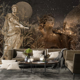 Celestial Statues Under the Moon Wallpaper - Mythological Art Mural for Dramatic Interiors