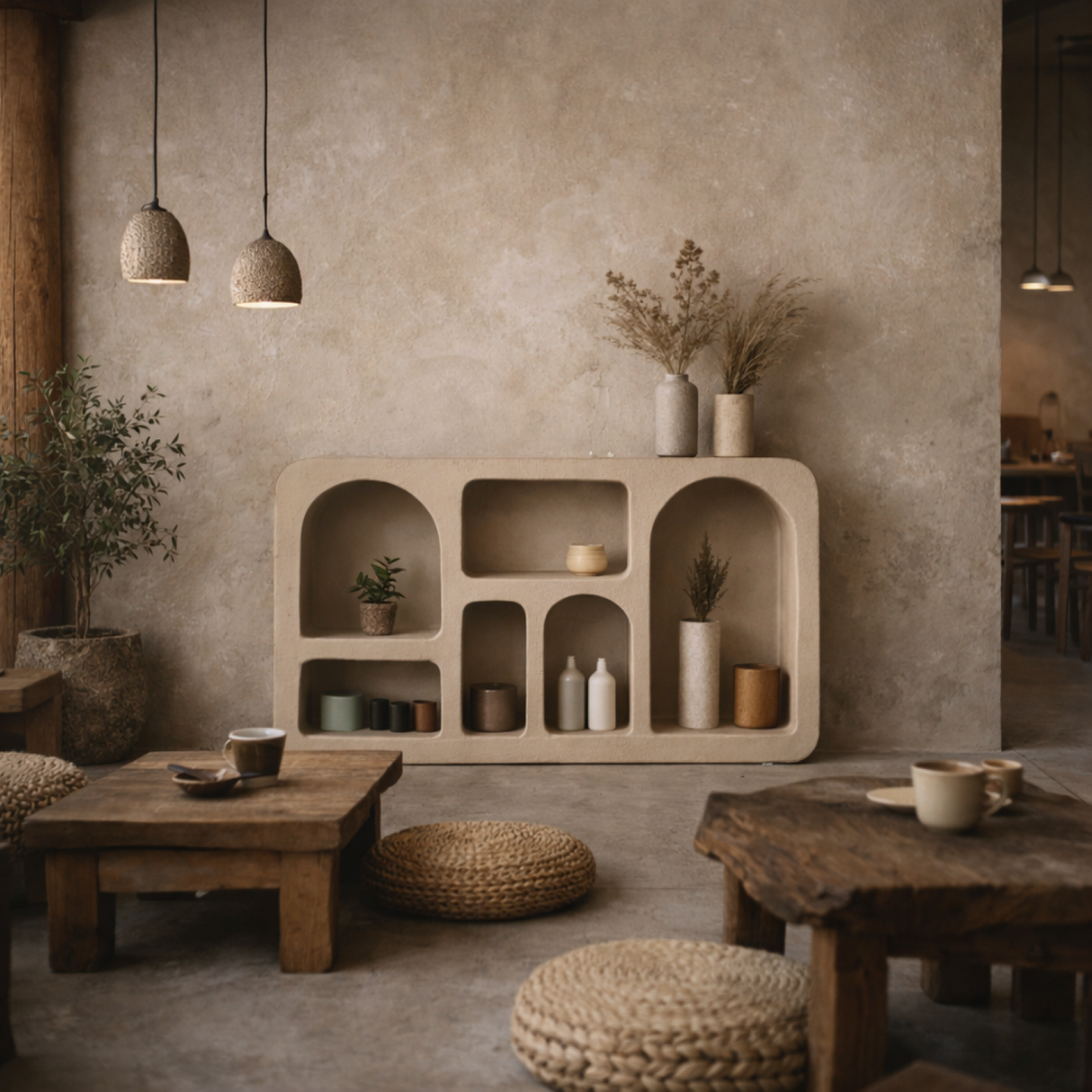 Aura Floor Display Unit – Wabi-Sabi Inspired Sculptural Shelving with Organic Form and Natural Texture