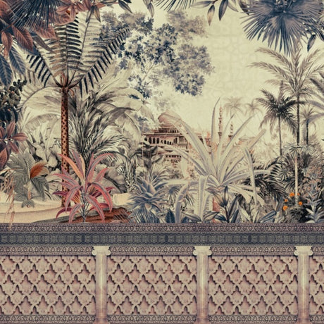 Papel pintado de jungla exótica y elefantes: Mural botánico para interiores elegantes con efecto beige