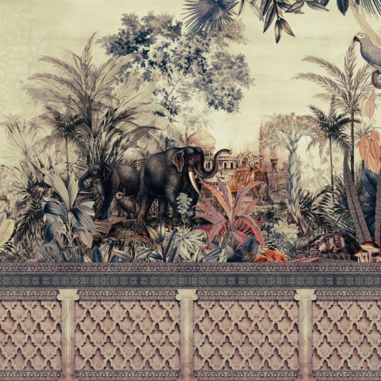 Exotic Jungle & Elephants Wallpaper – Botanical Heritage Mural for Elegant Interiors – Beige Effect