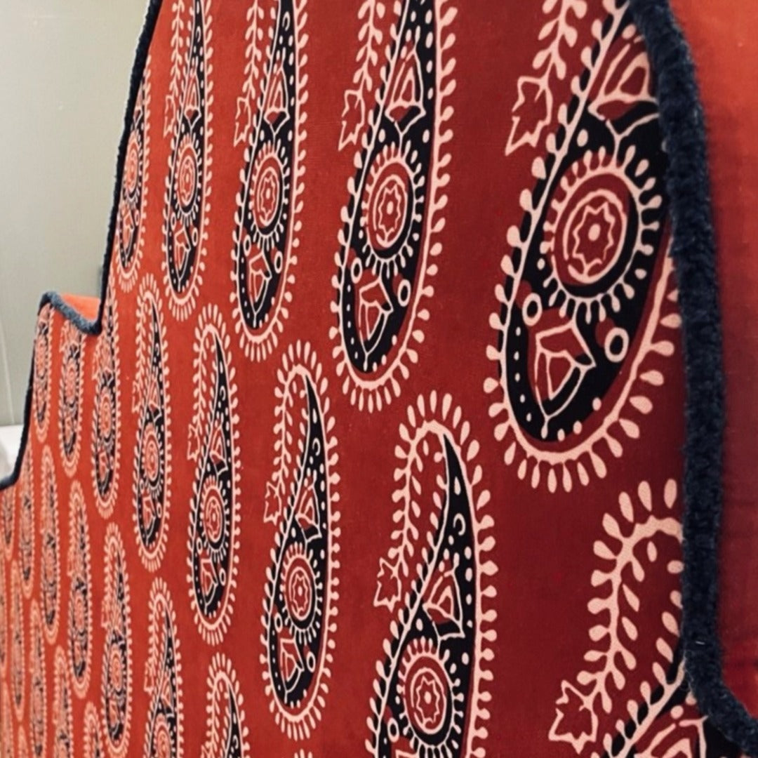 Braxely Red Headboard – Terracotta Polyester Upholstered Headboard with Navy Paisley Pattern and Navy Piping