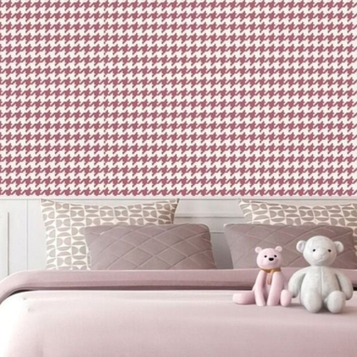 Vintage Pink & Ivory Houndstooth Wallpaper – Modern Geometric Pattern for Stylish Interiors