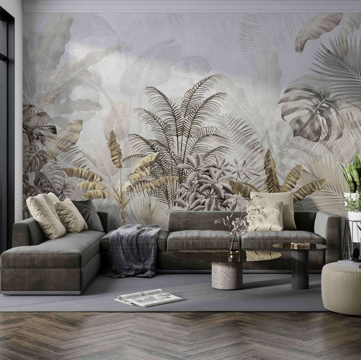 Sepia tropical leaves on grey wallpaper design