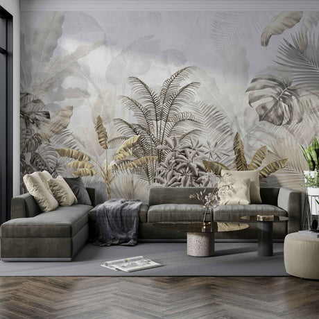Sepia tropical leaves on grey wallpaper design