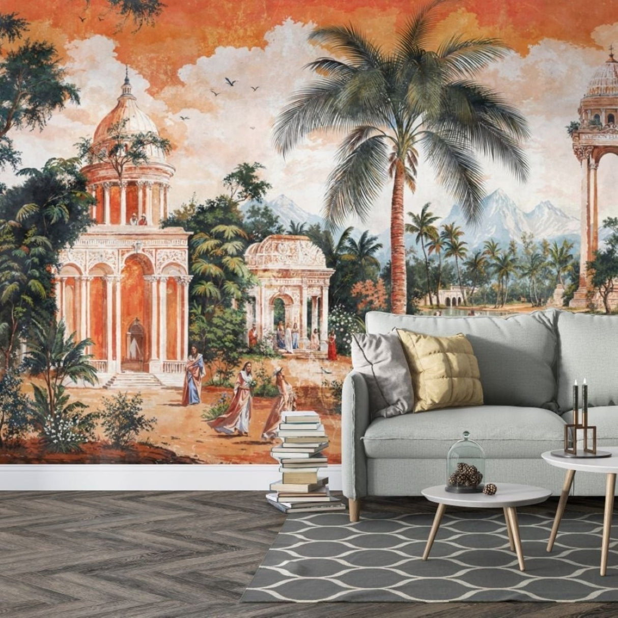 Golden Palaces & Palm Trees Wallpaper – Artistic Heritage Mural for Elegant Interiors