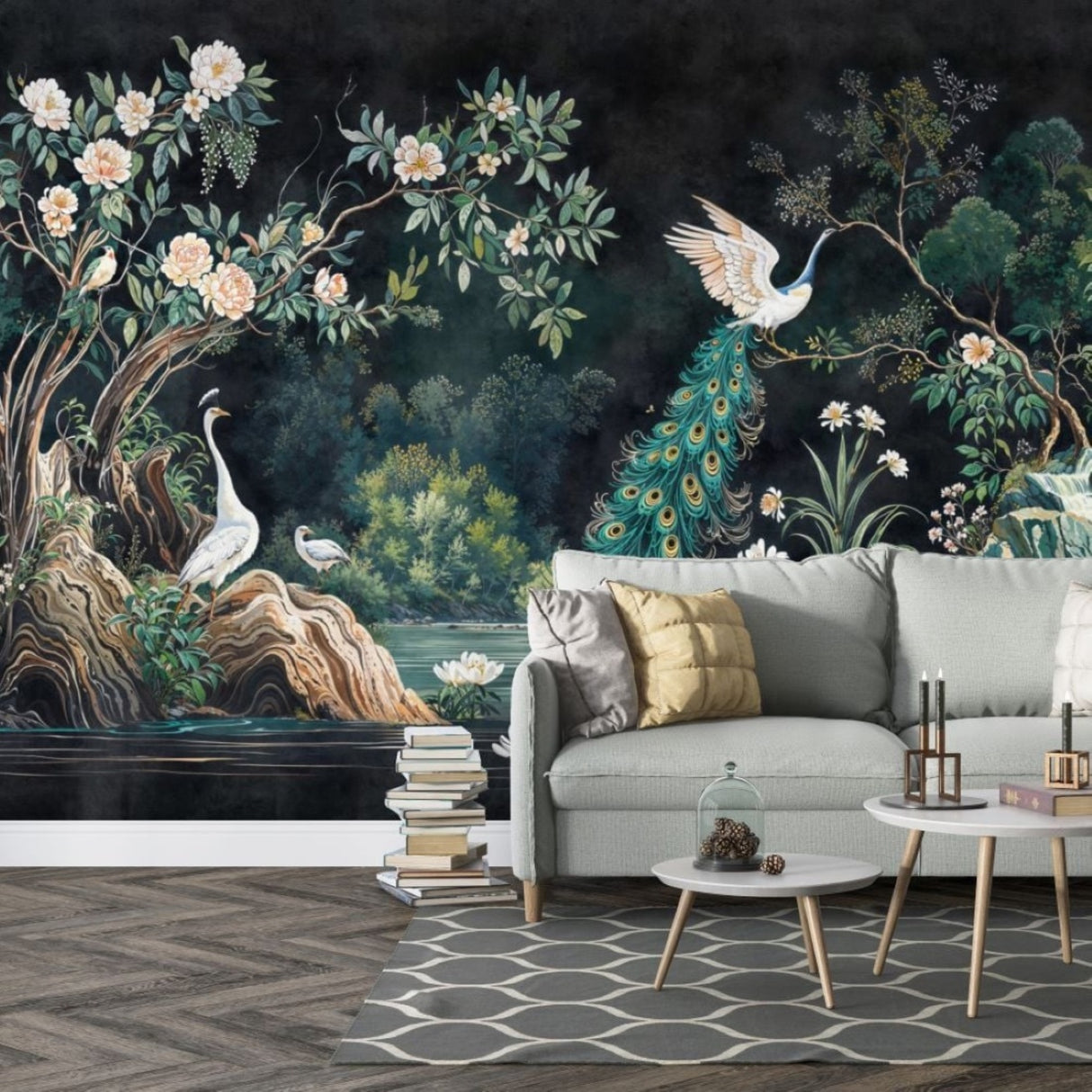 Nocturne Peacock Chinoiserie Wallpaper – Available in Printed and Embossed Versions for Elegant Interiors