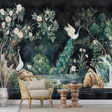 Nocturne Peacock Chinoiserie Wallpaper – Available in Printed and Embossed Versions for Elegant Interiors
