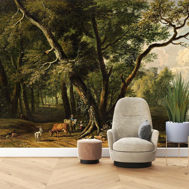 Forest animals drinking at riverside wallpaper