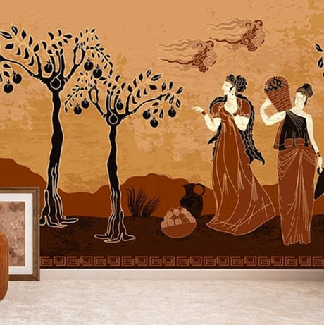 Melek Kadın ve Nar Ağacı Duvar Kağıdı – Sıcak ve Zamansız İç Mekanlar İçin Mitolojik Sanat Duvar Resmi