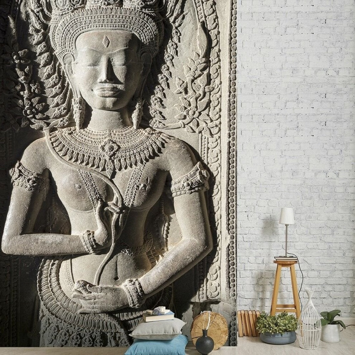 Far East Sculptural Relief 3D-Effect Wallpaper – Ancient Temple Art Mural for Timeless Interiors