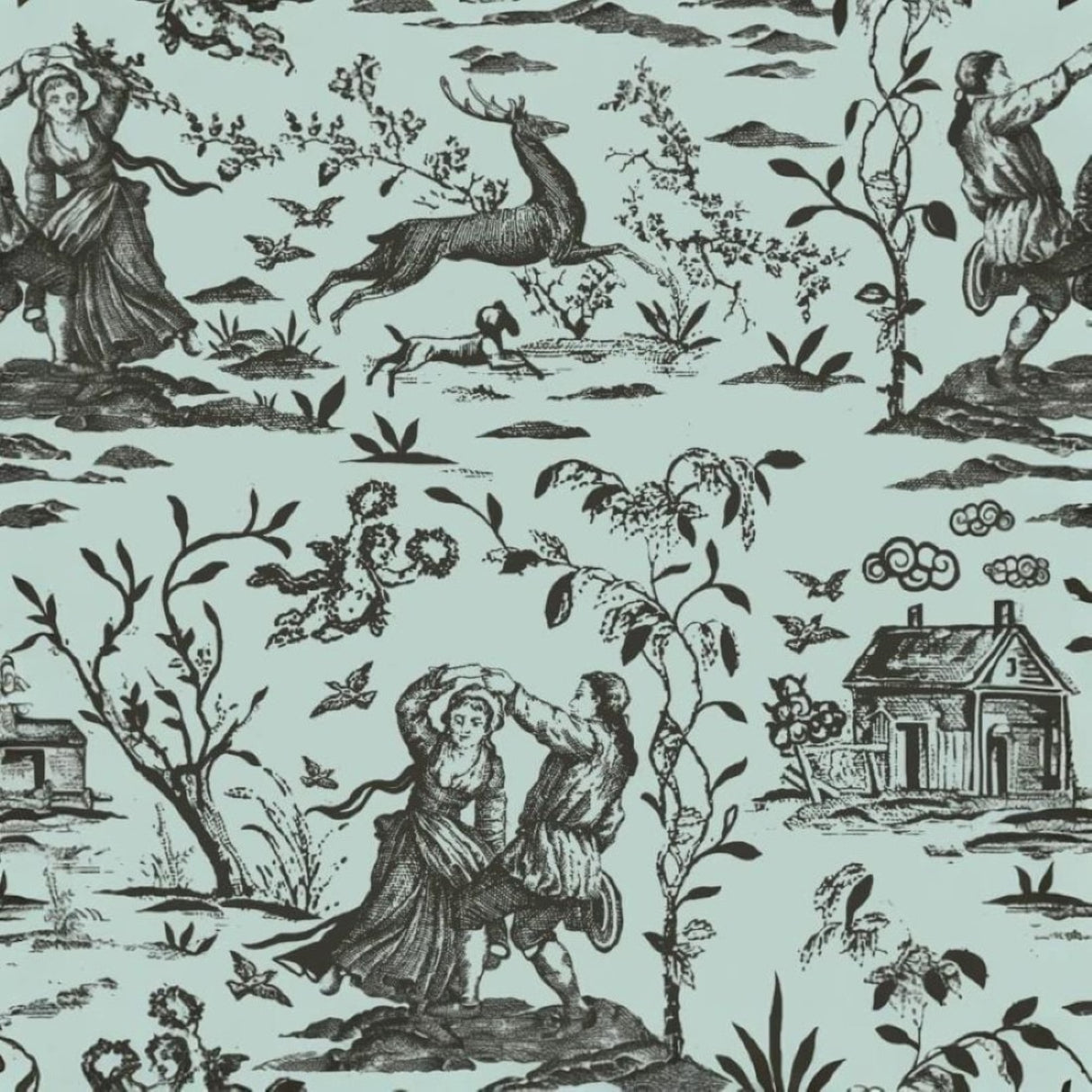 Vintage Mint & Charcoal Toile Wallpaper – Artistic Pastoral Design for Elegant Interiors
