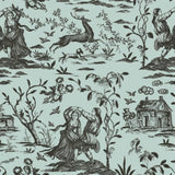 Vintage Mint & Charcoal Toile Wallpaper – Artistic Pastoral Design for Elegant Interiors