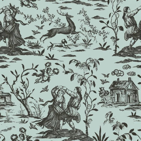 Papel pintado vintage Toile en tonos menta y carbón: diseño pastoral artístico para interiores elegantes