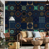 Papel pintado de azulejos mediterráneos azul marino: mural con motivos artísticos para interiores costeros