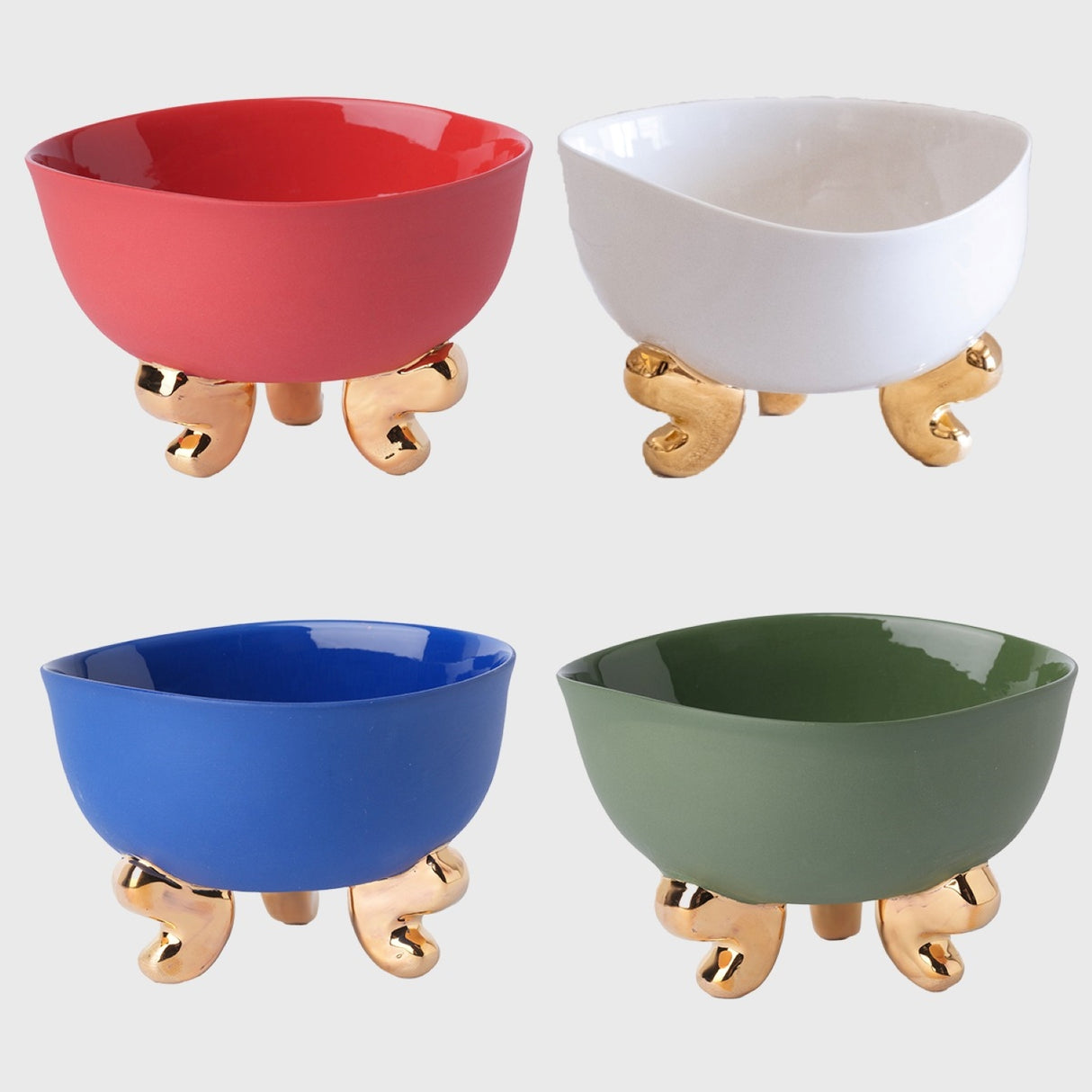 Lion Footed Bowl Set Of Four, Red, Blue, Green, White - Elegant Tableware With 24K Gold Details for Stylish Interiors