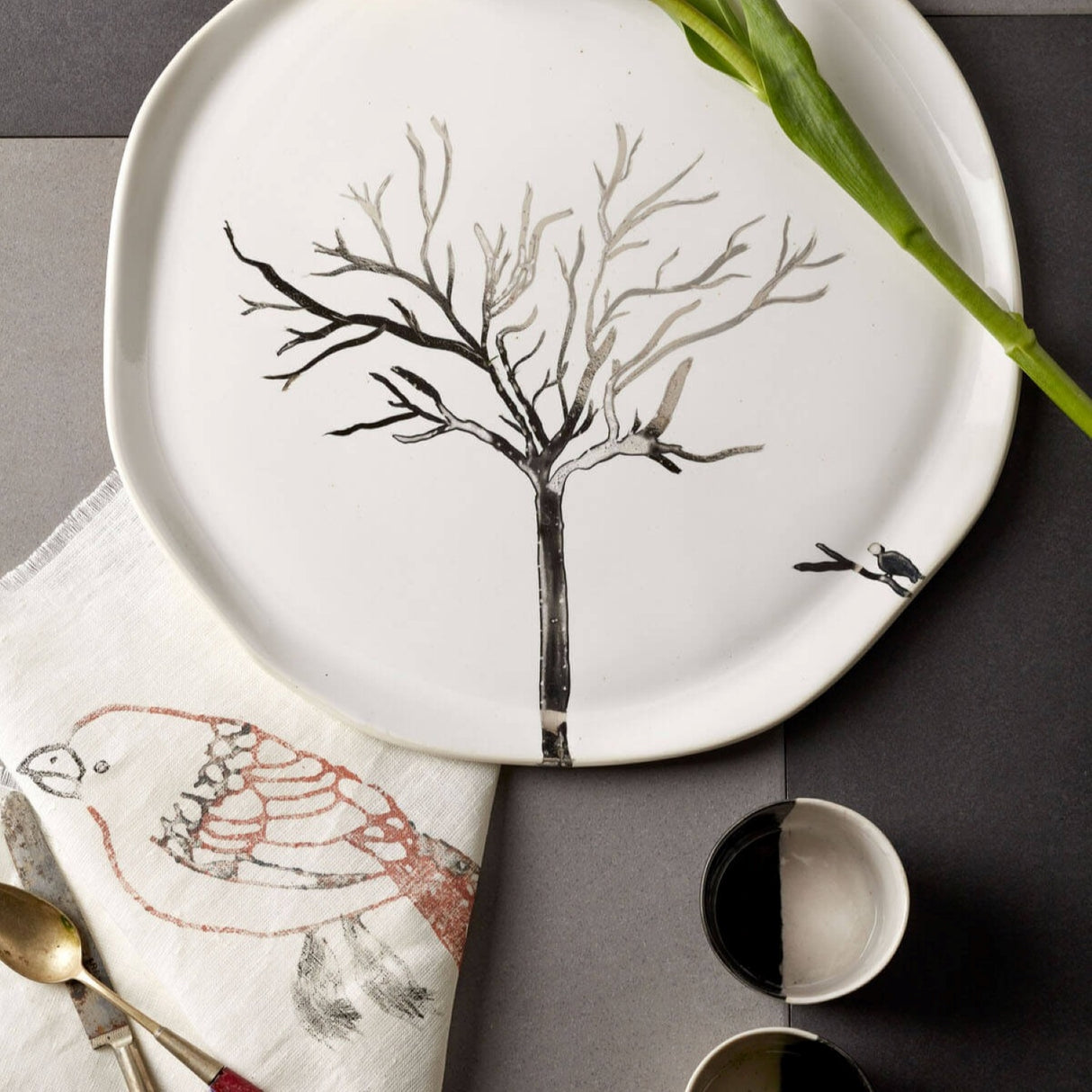 Enchanted Forest, Praying Birds Hand Embroidered Linen Napkin Set Of Two – Elegant Table Linen Décor for Stylish Tables