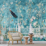 Turquoise Peacock Garden Chinoiserie Wallpaper – Available in Printed and Embossed Versions for Elegant Interiors