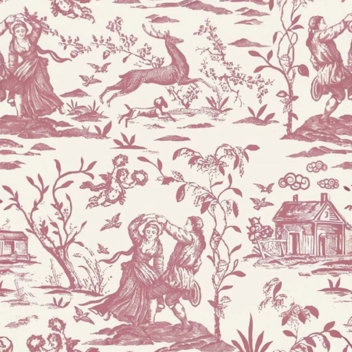 Vintage Pembe ve Fildişi Desenli Duvar Kağıdı – Zarif İç Mekanlar İçin Sanatsal Pastoral Tasarım