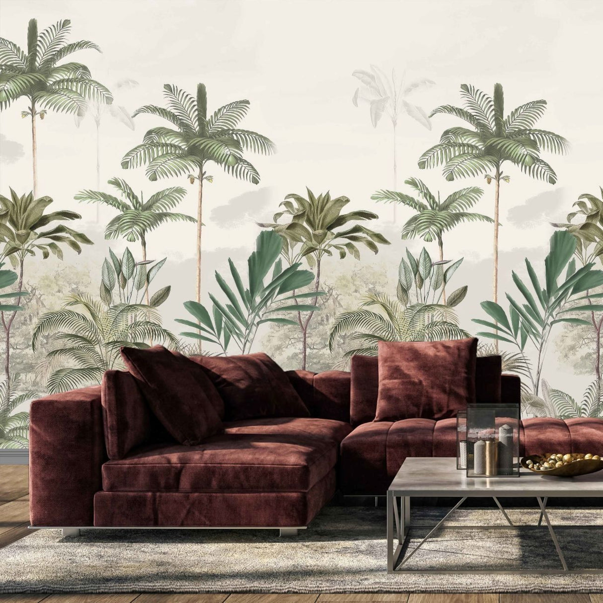 Papel pintado de palmeras tropicales suaves: mural artístico de naturaleza para interiores contemporáneos