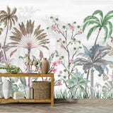 Pink Cotton Flowers & Tropical Trees Wallpaper , Gray Background- Soft Pastel Nature-Inspired Wall Décor