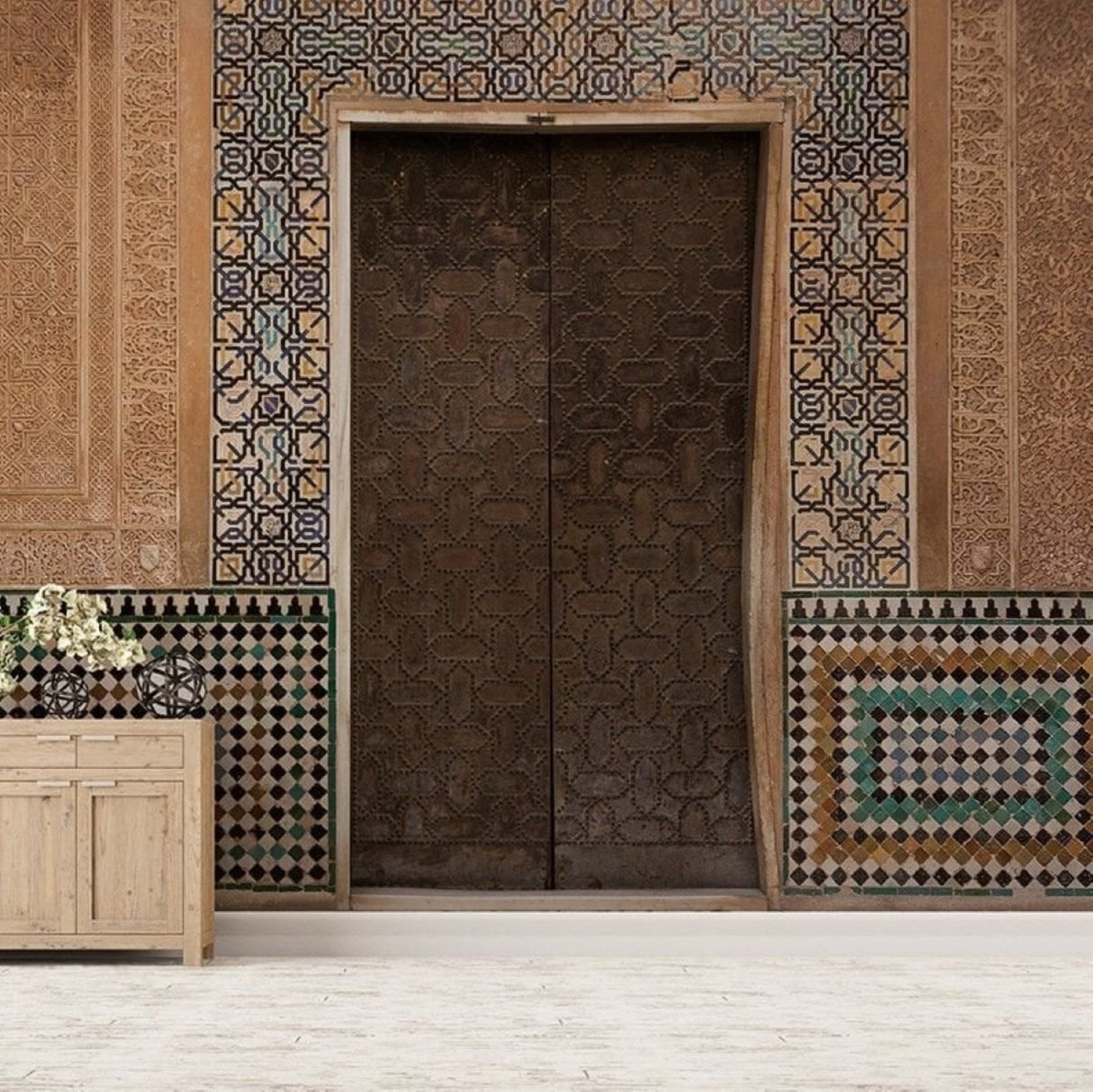 Historic Copper Door Wallpaper – Vintage 3D Relief-Effect Wall Décor for Timeless Interiors