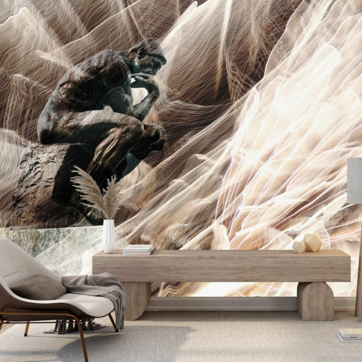 Rodin’s The Thinker Wallpaper — 3D Effect Iconic Sculpture Mural for Artistic Interior