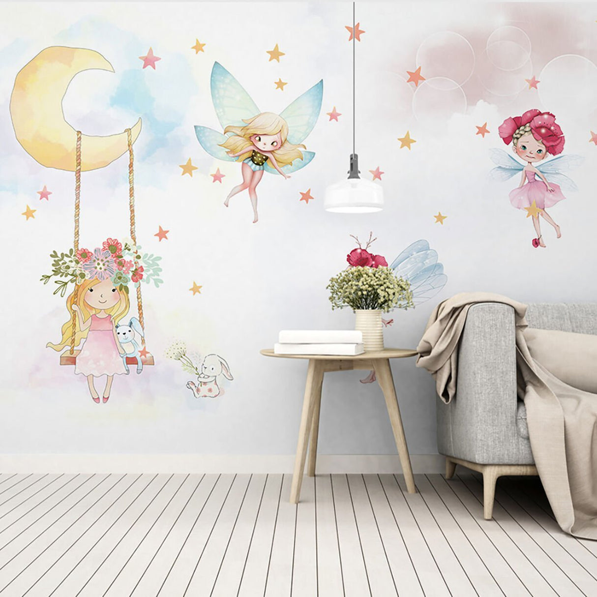 Little Angels and Girl on Moon Wallpaper