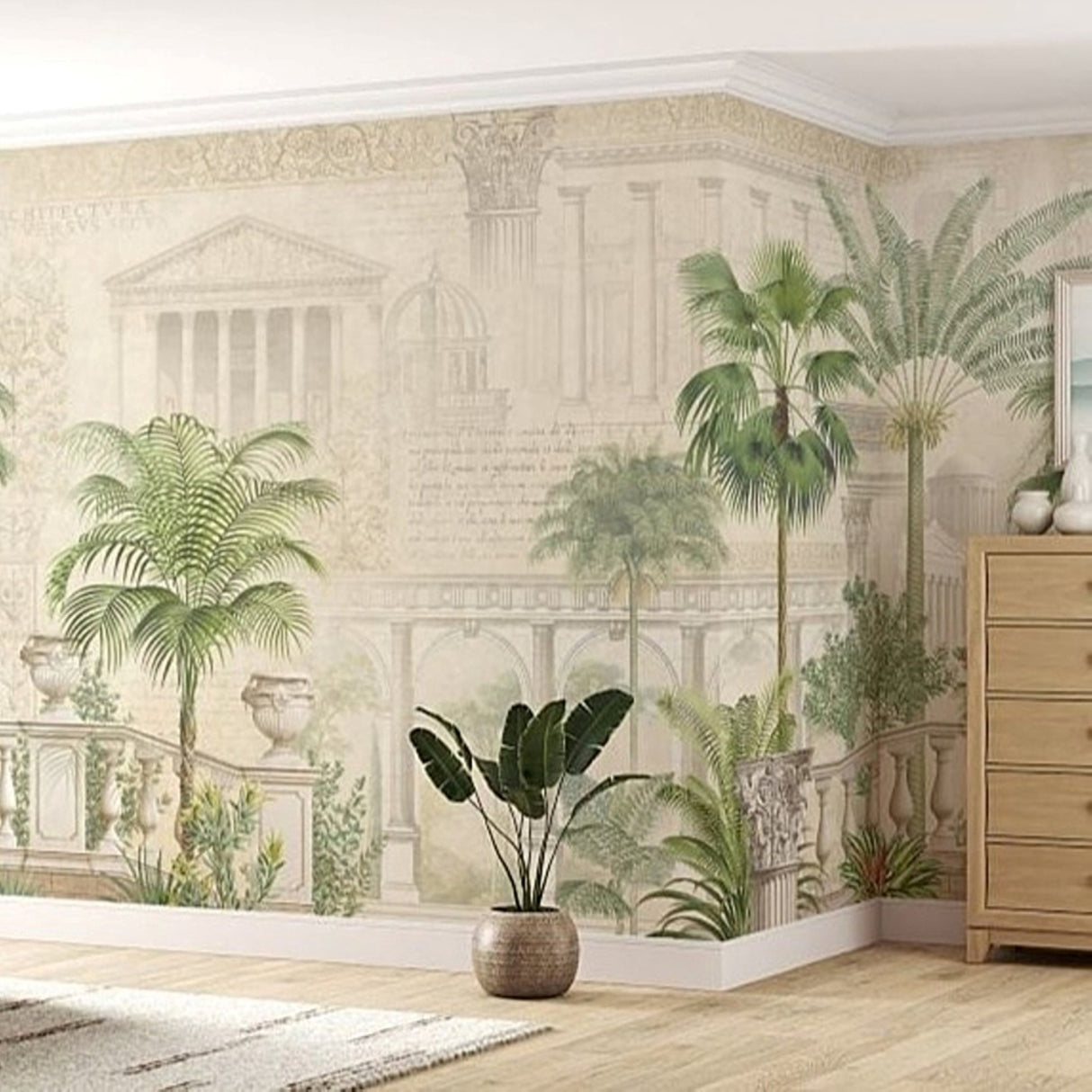Classical Palm Garden Wallpaper – Architectural Botanical Mural for Elegant Interiors