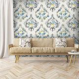 Wallpaper with blue roses and floral patterns