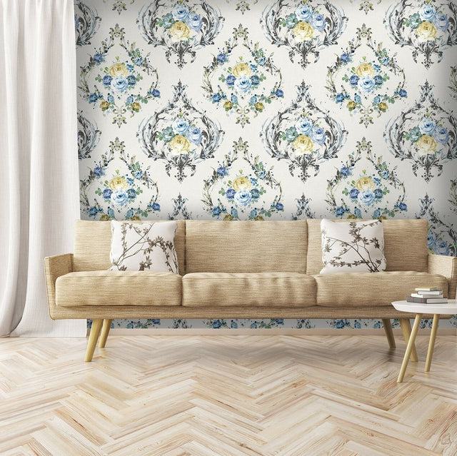 Wallpaper with blue roses and floral patterns