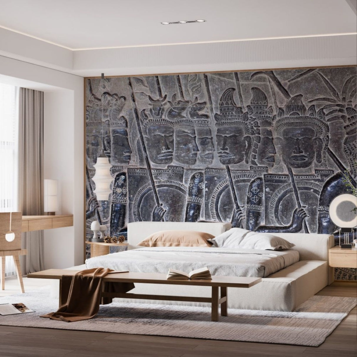 Angkor Wat Temple Warriors Wallpaper – Vintage Stone Carving Art Mural for Timeless Interiors