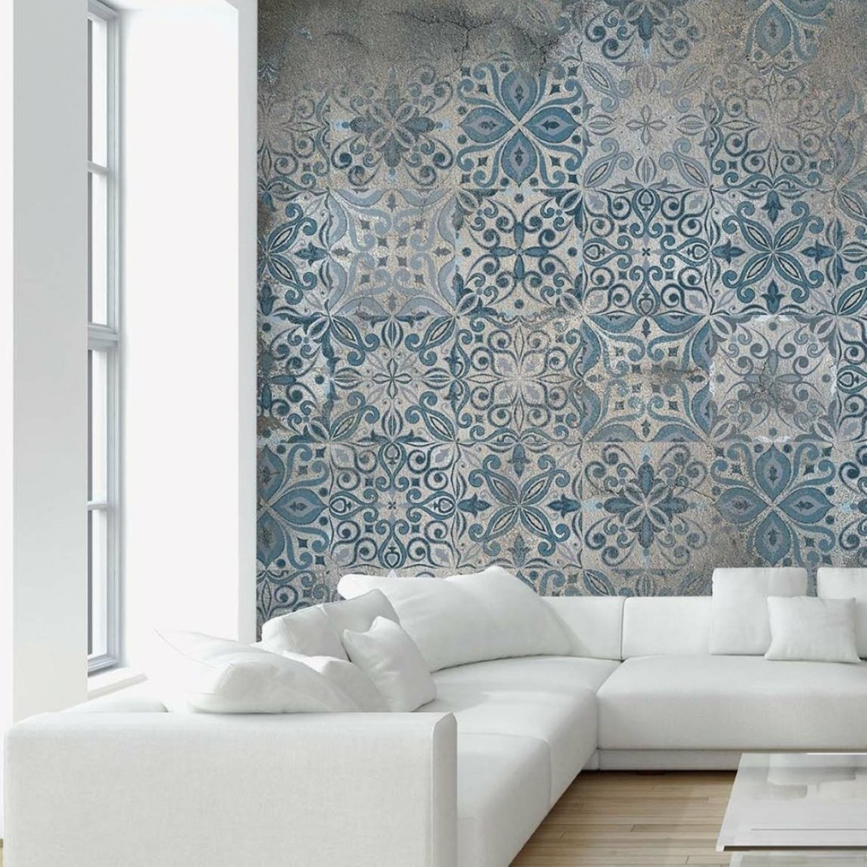 Blue Patterned Tiles Wallpaper – Vintage Mediterranean Wall Décor for Bright, Timeless Interiors