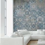Blue Patterned Tiles Wallpaper – Vintage Mediterranean Wall Décor for Bright, Timeless Interiors