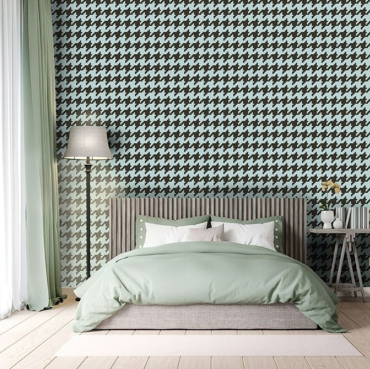 Papel pintado vintage de pata de gallo en tonos menta y carbón: un moderno diseño geométrico para interiores con estilo. 