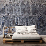 Angkor Wat Temple Warriors Wallpaper – Vintage Stone Carving Art Mural for Timeless Interiors