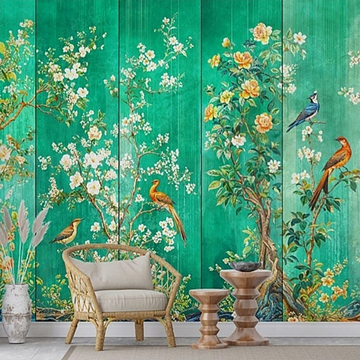 Emerald Aviary Chinoiserie Wallpaper – Available in Printed and Embossed Versions for Sophisticated Interiors