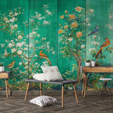 Emerald Aviary Chinoiserie Wallpaper – Available in Printed and Embossed Versions for Sophisticated Interiors