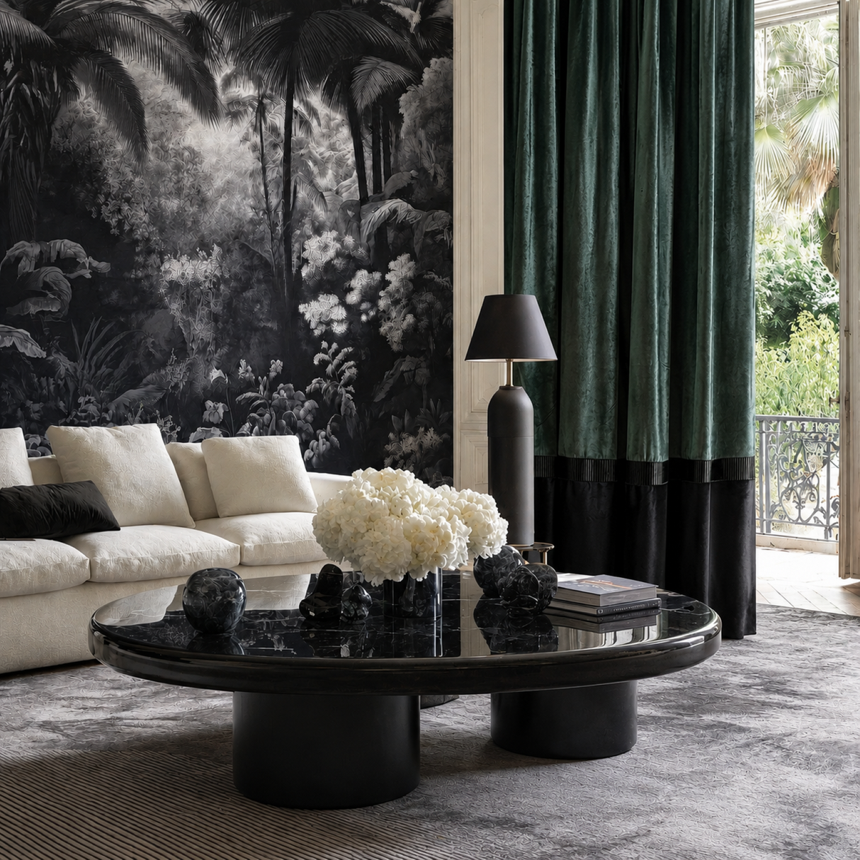 Berego – Petrol Green & Black Velvet Drapery Curtain With Linear Border Detail – For Modern & Luxurious Interiors
